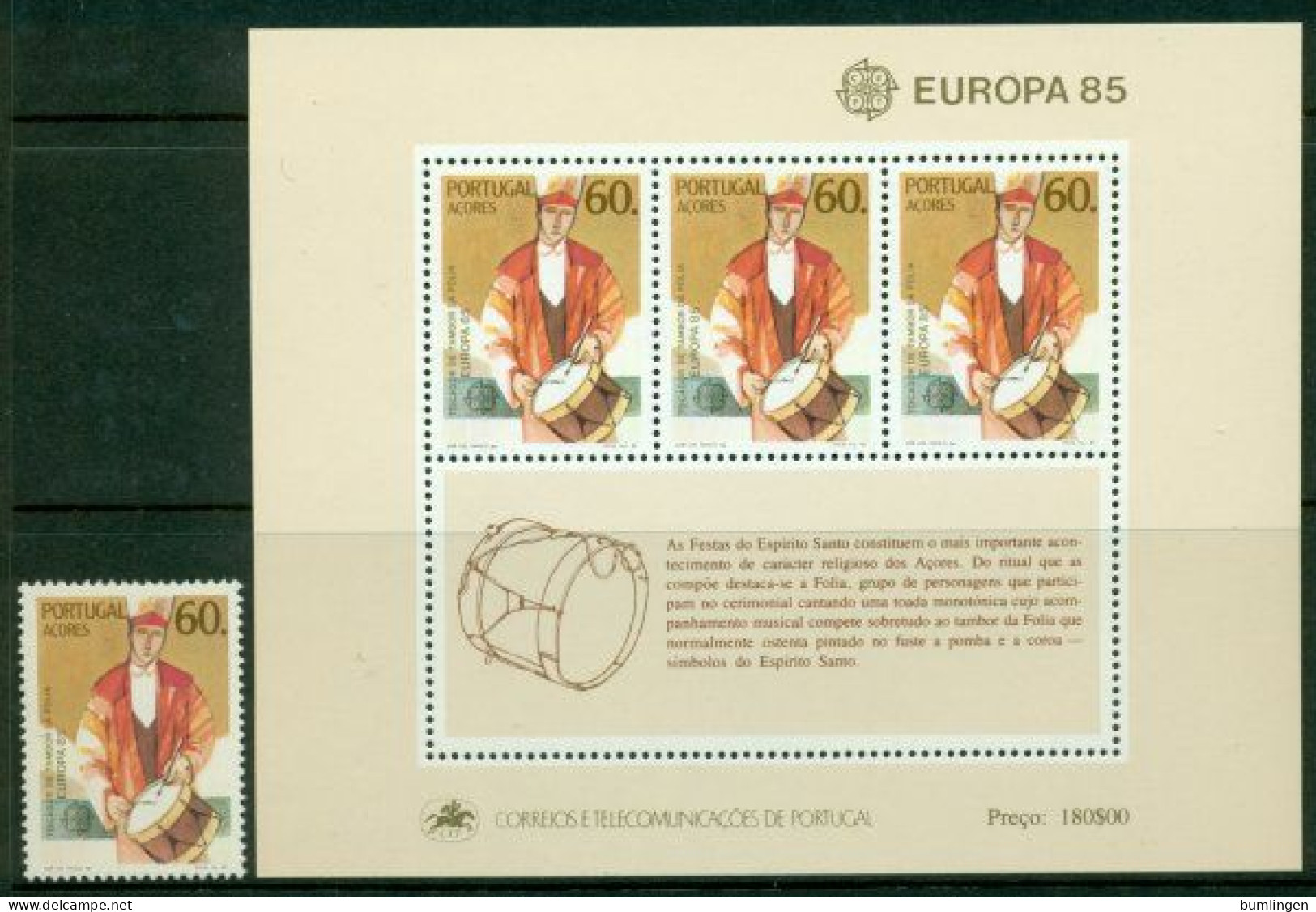 PORTUGAL – AZORES 1985 Mi 373 + BL 6** Europa CEPT – European Music Year [B419] - 1985