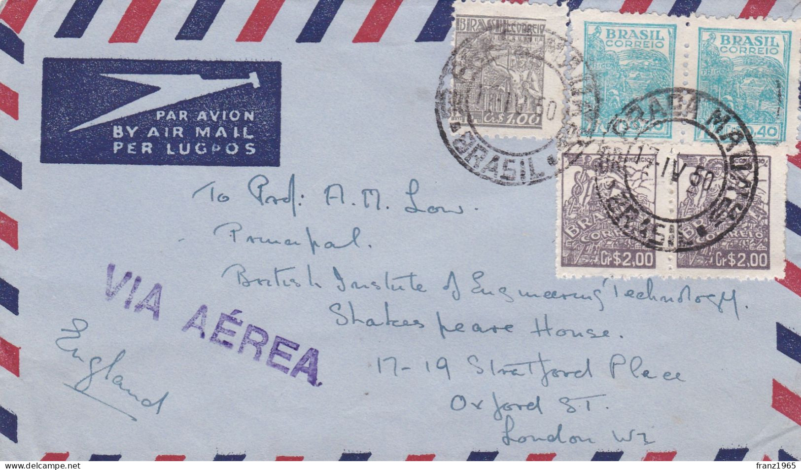 From Bresil To UK - 1950 - Cartas & Documentos