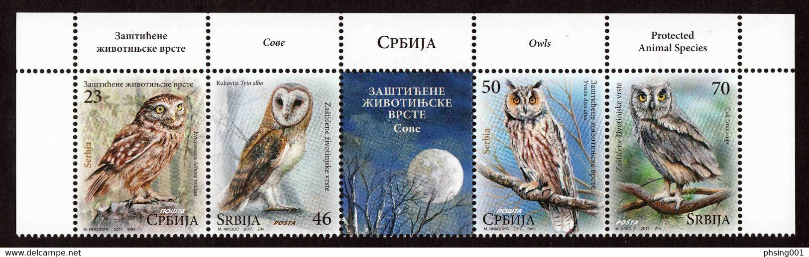 Serbia 2017 Protected Animals Fauna Birds Owls Little Owl Barn Owl Long-eared Owl Scops Owl, Set In Strip MNH - Hiboux & Chouettes