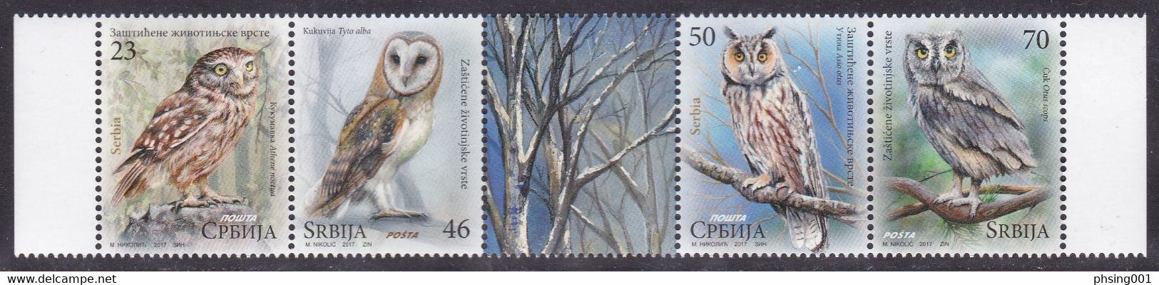 Serbia 2017 Protected Animals Fauna Birds Owls Little Owl Barn Owl Long-eared Owl Scops Owl, Set In Strip MNH - Hiboux & Chouettes