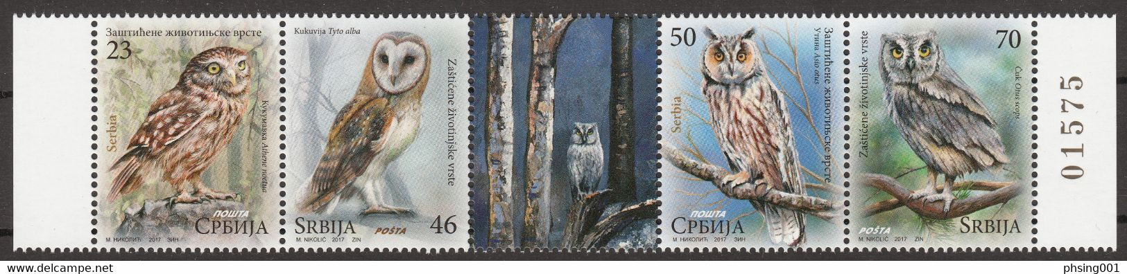 Serbia 2017 Protected Animals Fauna Birds Owls Little Owl Barn Owl Long-eared Owl Scops Owl, Set In Strip MNH - Hiboux & Chouettes