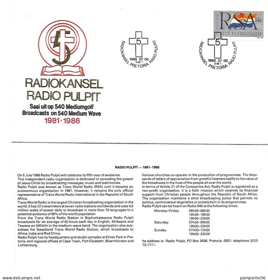 SUDAFRICA - SPD ANIVERSARIO DE LA REPUBLICA - RADIO PULPIT *MATERIAL RARO* - Lettres & Documents