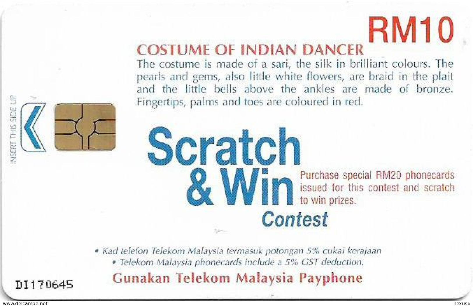 Malaysia - Telekom Malaysia (chip) - Costume Of Indian Dancer, Gem5 Red, 10RM, Used - Malaysia