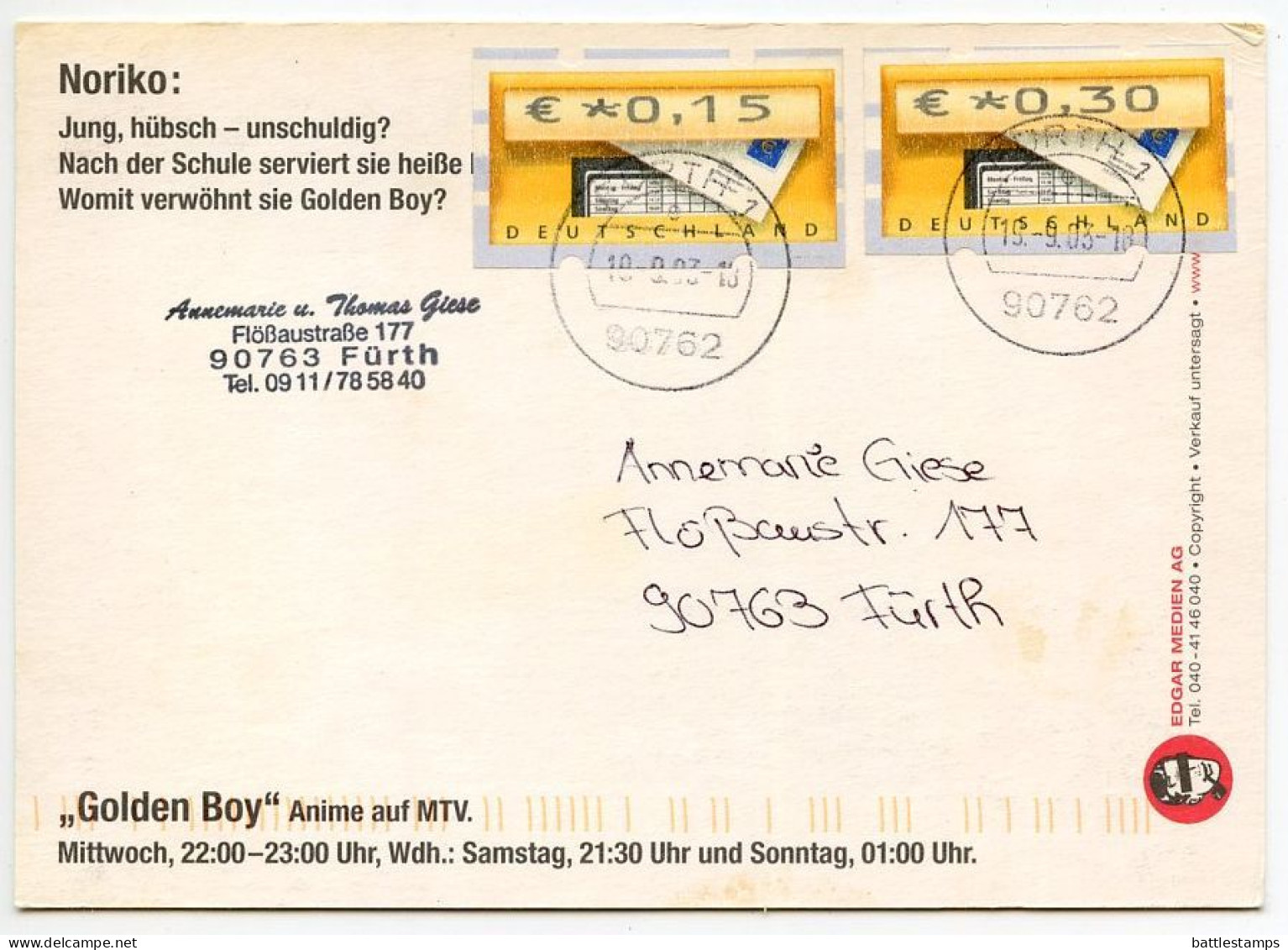Germany 2003 Postcard Golden Boy, Noriko - Anime On MTV; Fürth Postmarks; 15c. & 30c. ATM / Frama Stamps - TV-Reeks