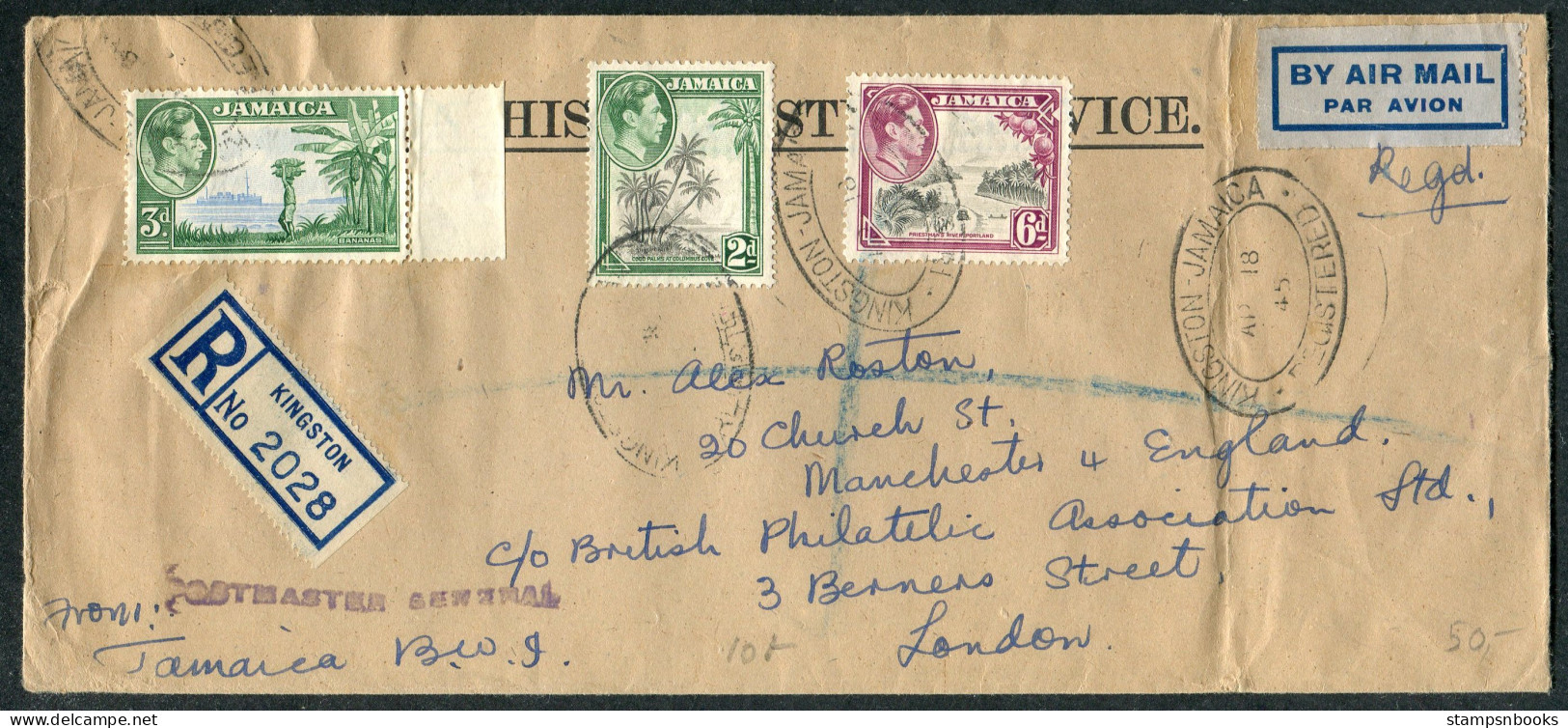 1945 Jamaica Reg. Kingston O.H.M.S. Airmail Cover, Postmaster General - London England Via New York, USA - Jamaica (...-1961)