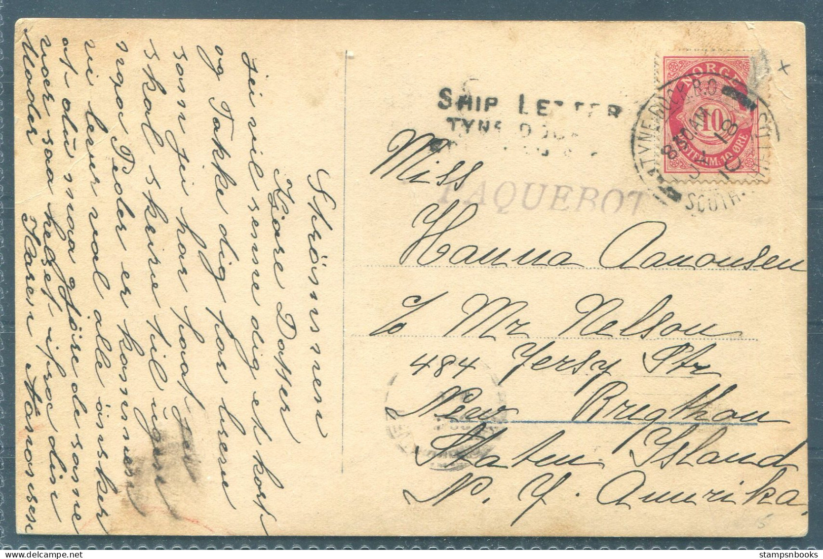 1910 Norway Postcard - USA "Ship Letter Tyne Dock, South Shields" + PAQUEBOT - Cartas & Documentos