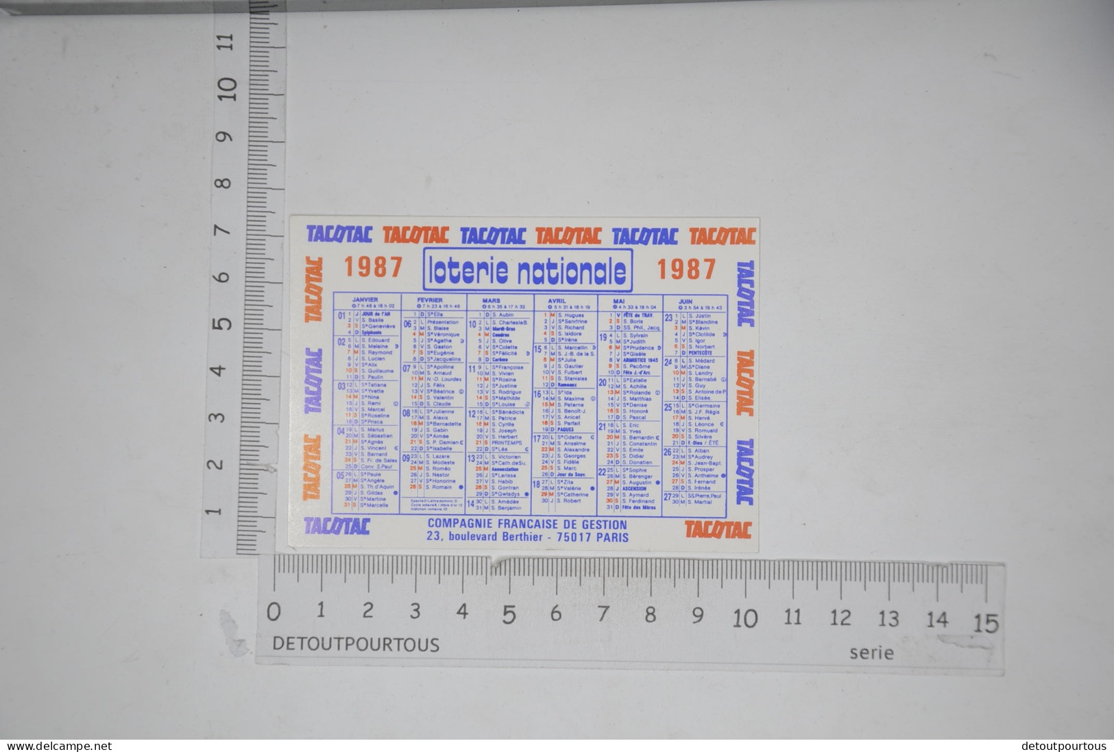 Mini Calendrier 1987 Loterie Nationale Tacotac - Petit Format : 1981-90