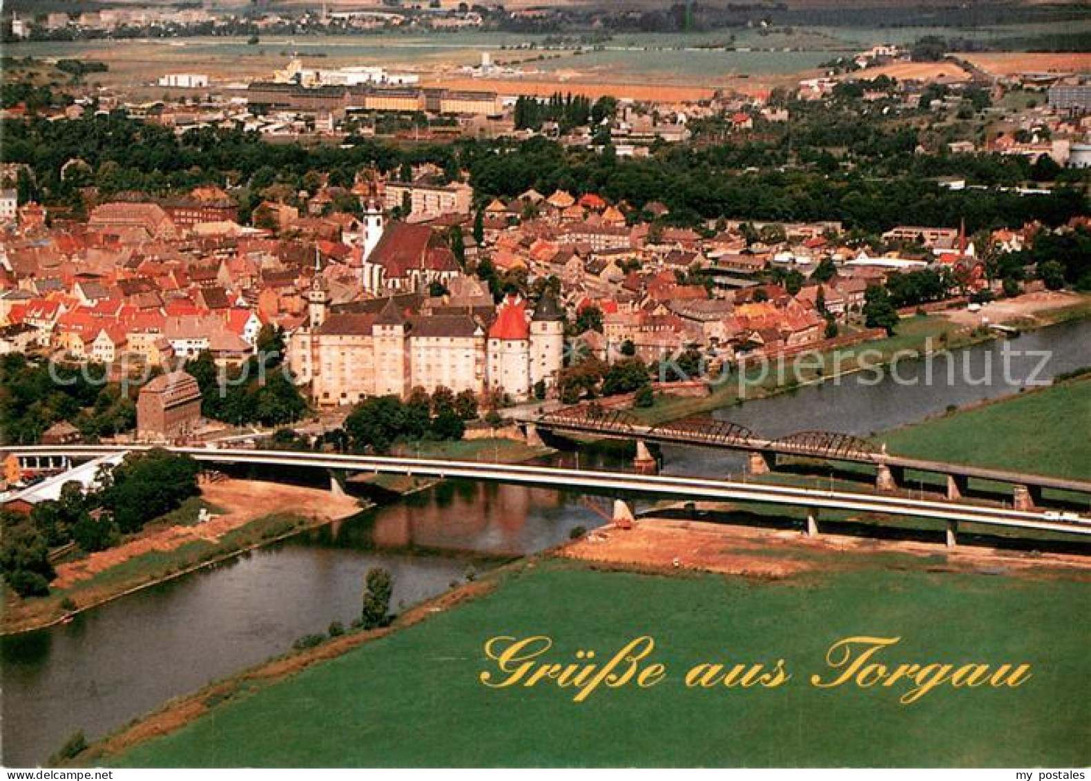 73617726 Torgau Renaissancestadt Elbebruecke Fliegeraufnahme Torgau - Torgau