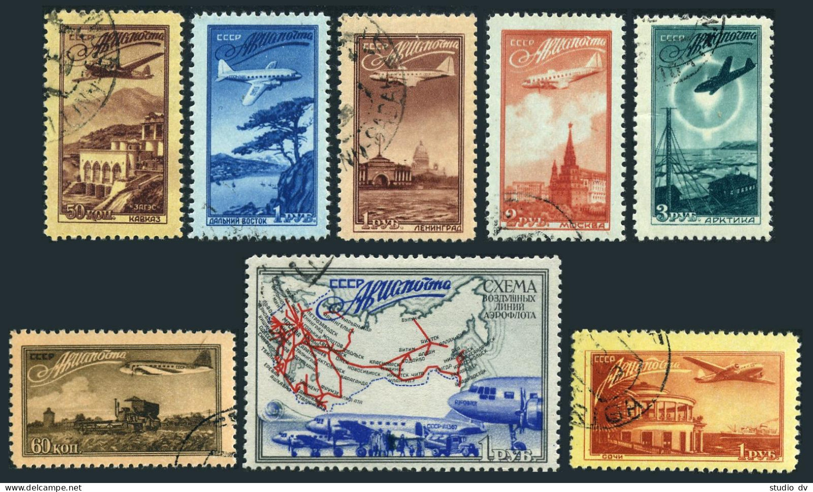 Russia C83-C90, CTO. Mi 1401-1408. Airmail 1949.Planes Over:Zages,Caucasus,Farm, - Gebruikt