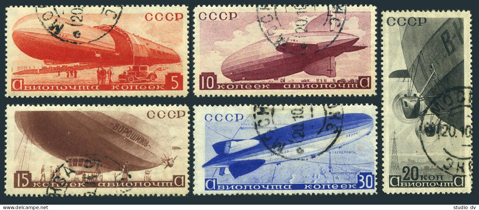 Russia C53-C57, CTO. Michel 483-487. Airships 1934. Pravda, Voroshilov, Lenin. - Oblitérés