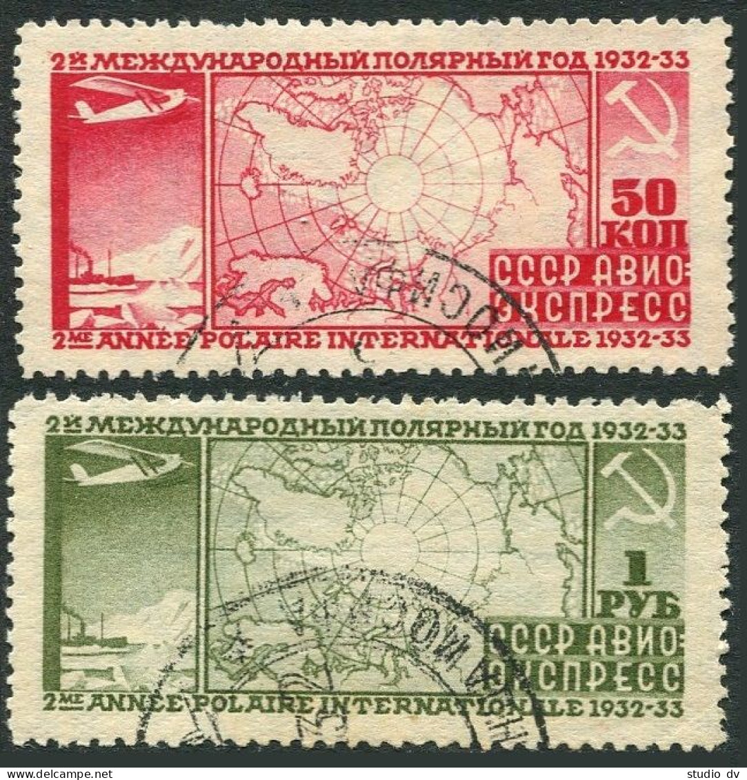 Russia C34-C35a, CTO. Michel 410A-411A. Polar Year 1932.Map,Icebreaker,Airplane. - Usati