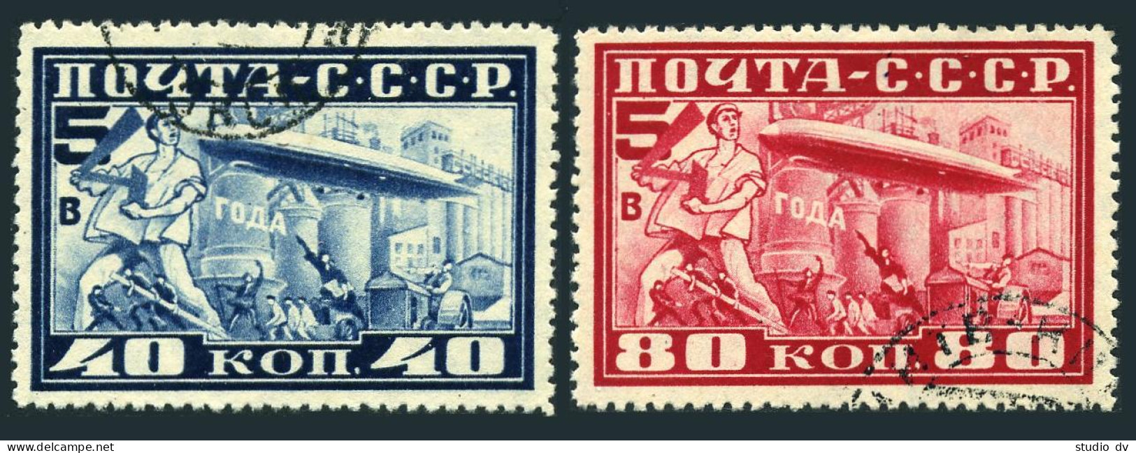 Russia C12a-C13a Perf 10.5, CTO. Mi 390B-391B. Graf Zeppelin.5-Year Plan. 1930. - Usati