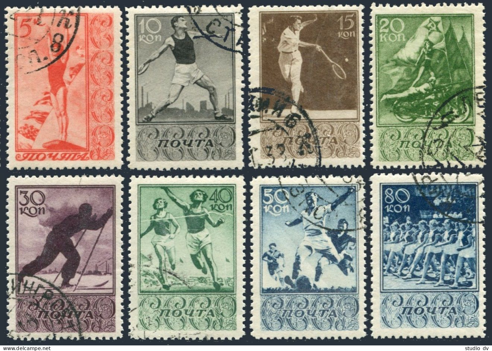 Russia 698-705,CTO.Michel 657-664. Sport In USSR,1938.Diving,Discus,Tennis,Skier - Used Stamps