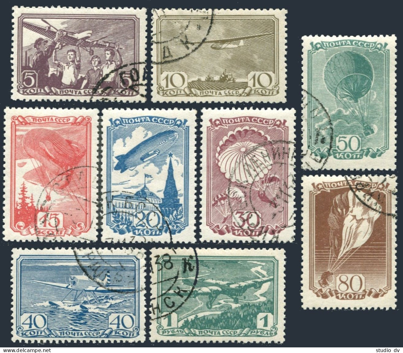 Russia 678-686,CTO.Michel 637-645. Aircraft 1938.Gilder,Plane,Parachute,Balloon, - Used Stamps