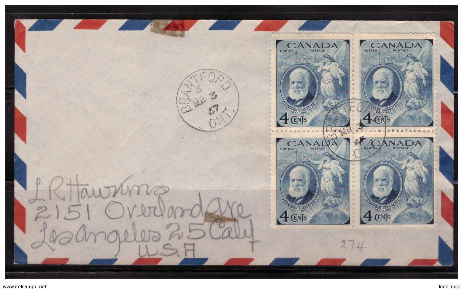 1947 CANADA  ENVELOPE, With Block Of 4 CENTENARY Of The BIRTH Of ALEXANDER GRAHAM BELL, Scott #274 - Brieven En Documenten