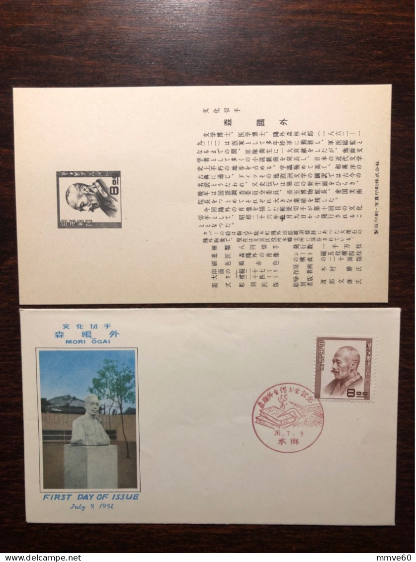 JAPAN FDC COVER 1951 YEAR DOCTOR MORI OGAI HEALTH MEDICINE STAMPS - FDC