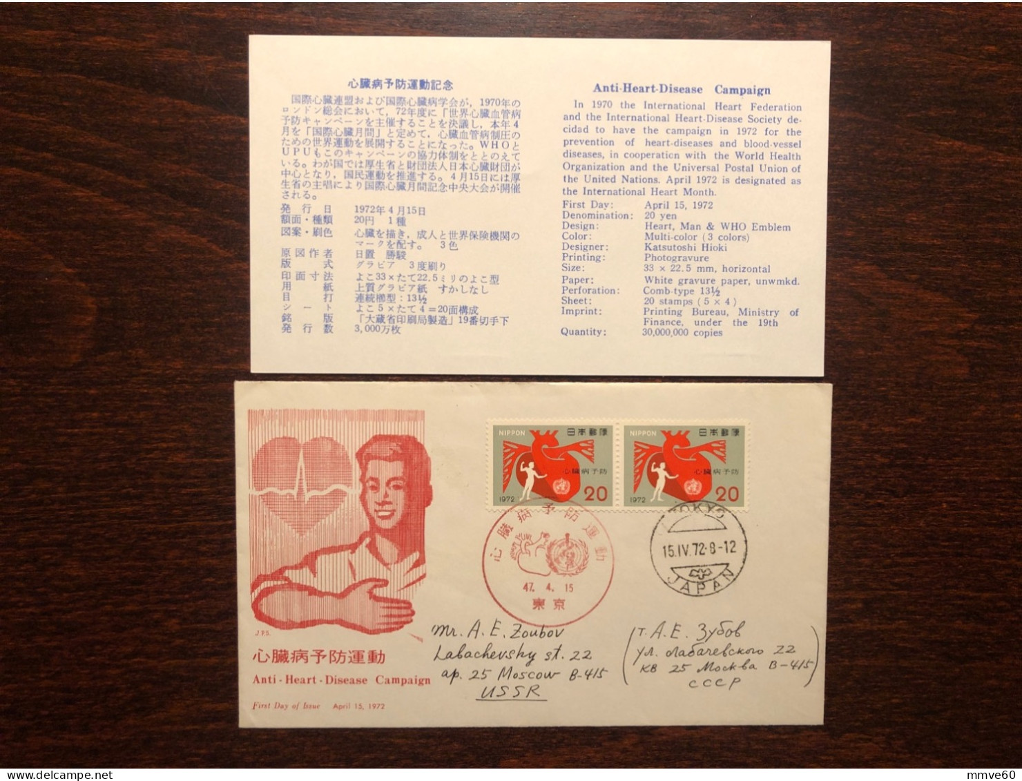 JAPAN FDC COVER 1972 YEAR CARDIOLOGY HEART HEALTH MEDICINE STAMPS - FDC