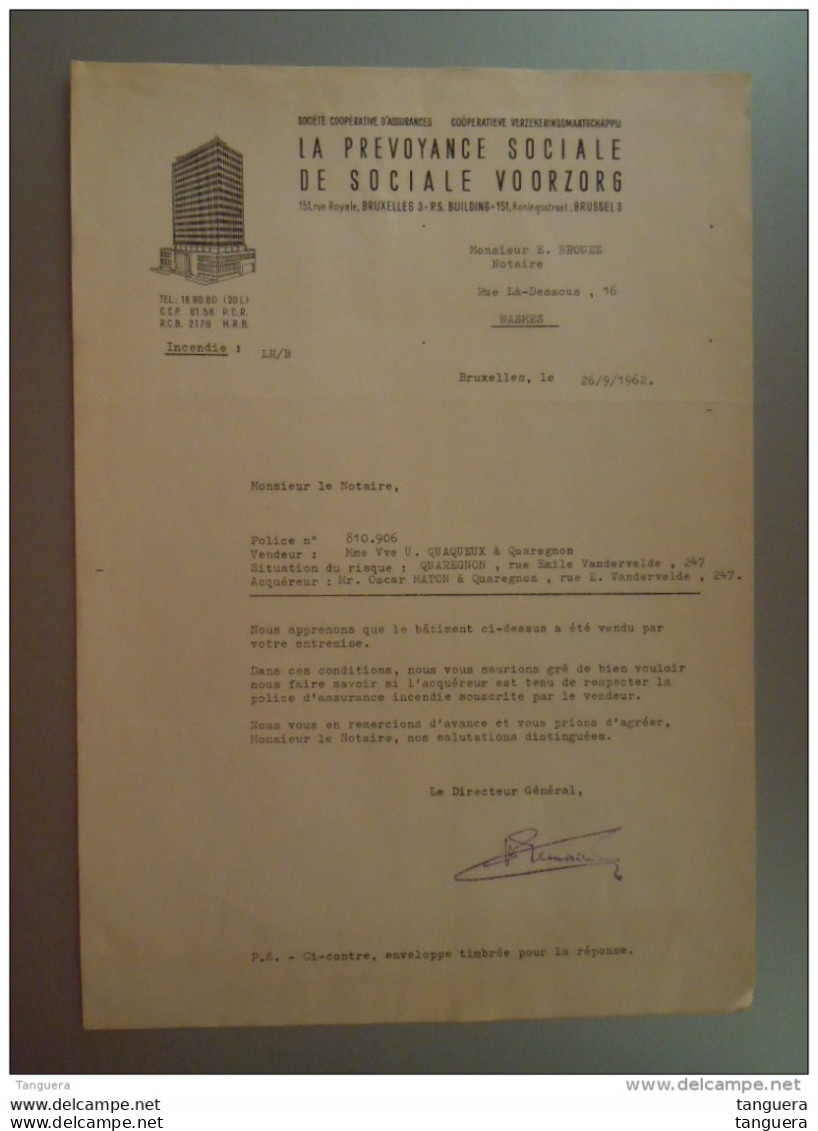 1962 La Prevoyance Sociale De Sociale Voorzorg Brussel Lettre Envoyée Au Notaire à Wasmes - Bank En Verzekering