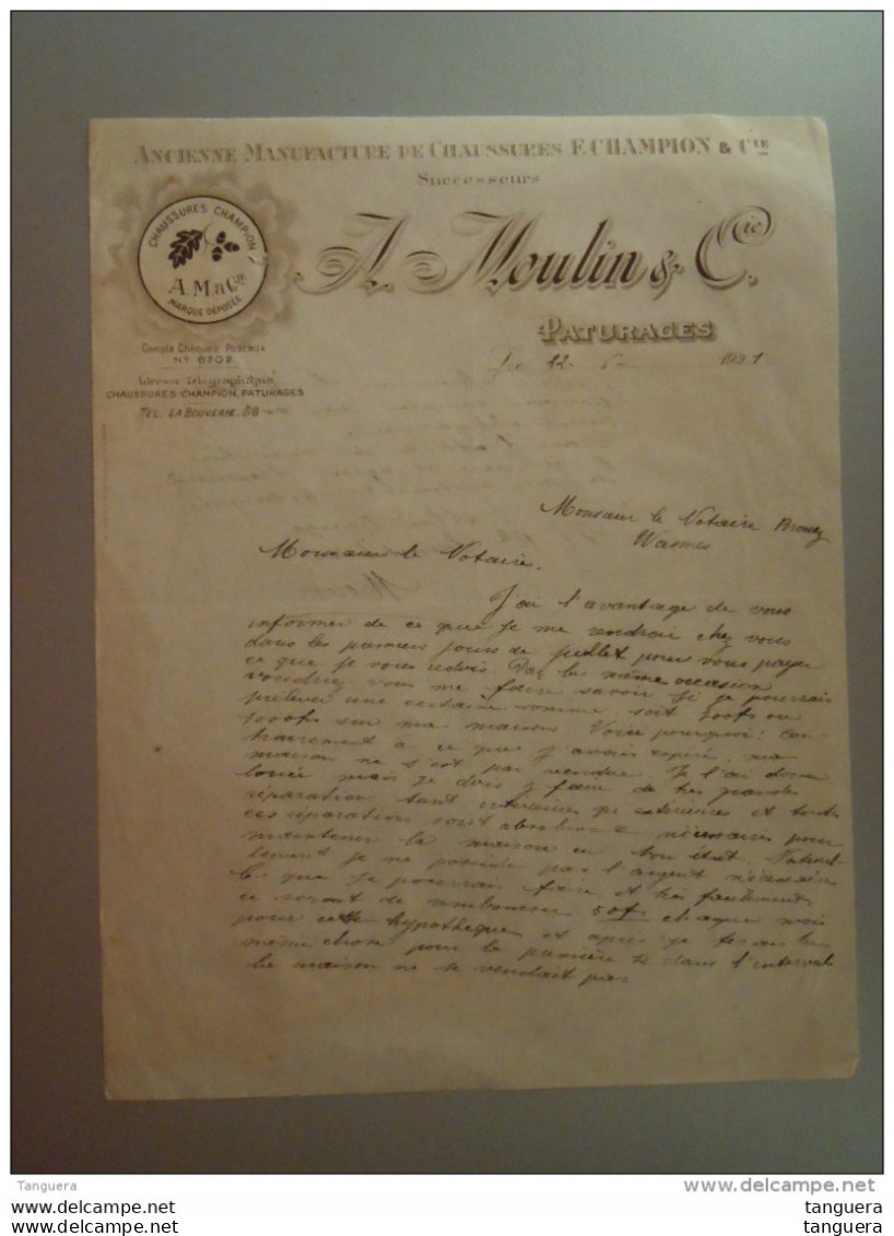 Belgique 1921 Manufacture De Chaussures Champion Le Moulin &amp; Cie Paturages Lettre Envoyée Au Notaire à Wasmes - Kleding & Textiel