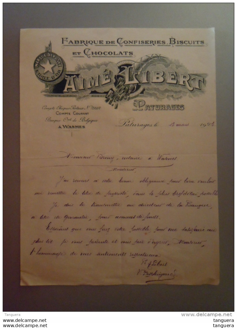 Belgique 1923 Lettre Aimé Libert Paturages Fabrique De Confiseries, Biscuits Et Chocolats - Alimentos