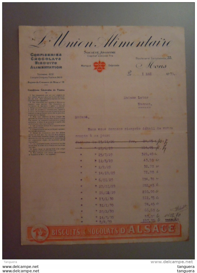 Belgique 1930 Lettre De L'Union Alimentaire Confiseries Biscuits, Chocolats D'Alsace à Mons - Food