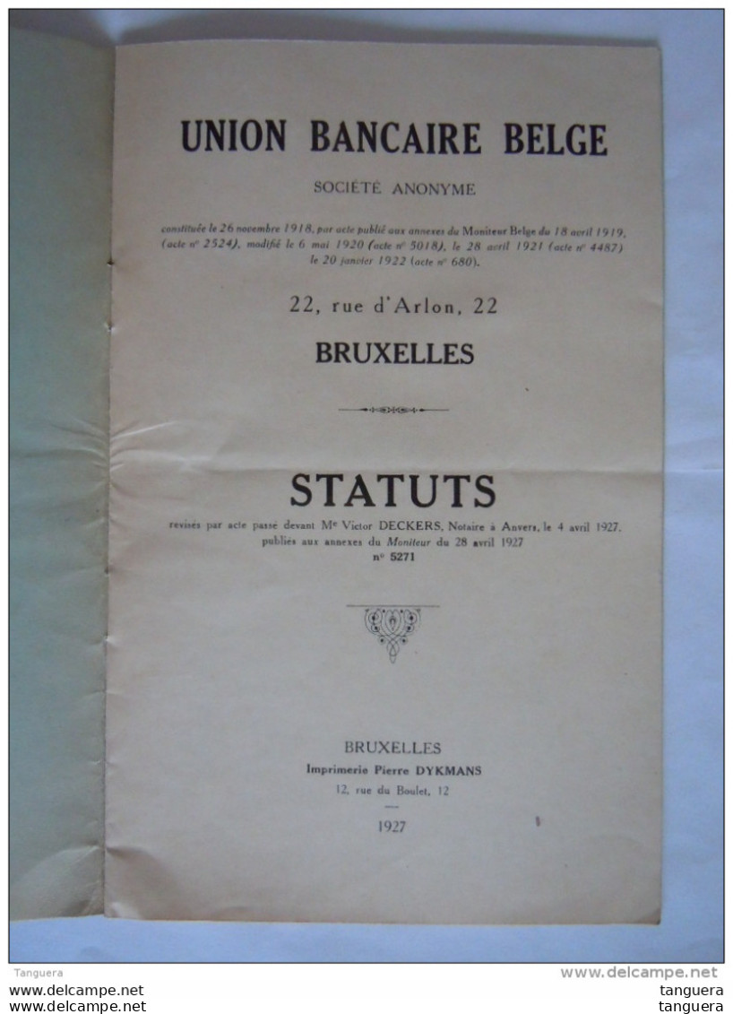 1927 Union Bancaire Belge SA Bruxelles Status 16 Pages - Bank En Verzekering