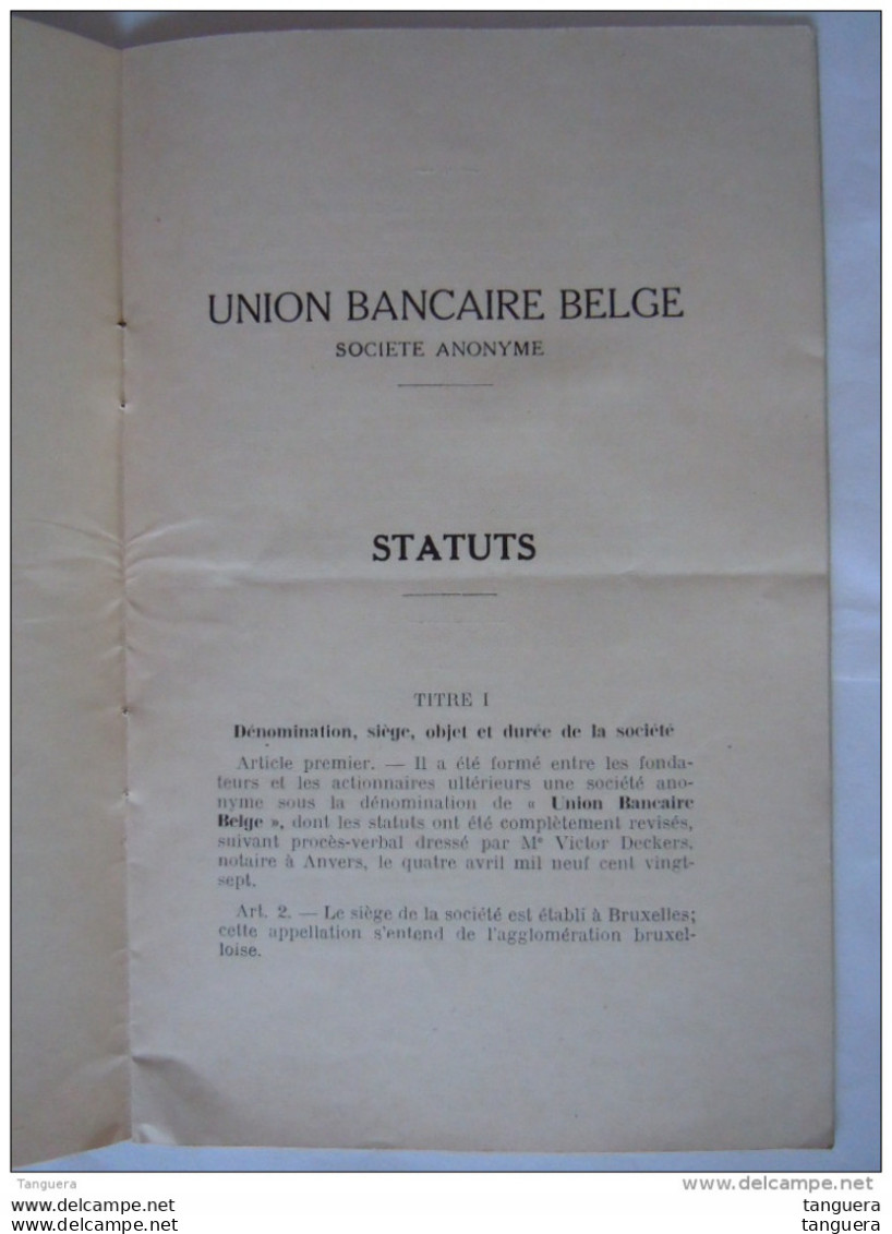 1927 Union Bancaire Belge SA Bruxelles Status 16 Pages - Banca & Assicurazione