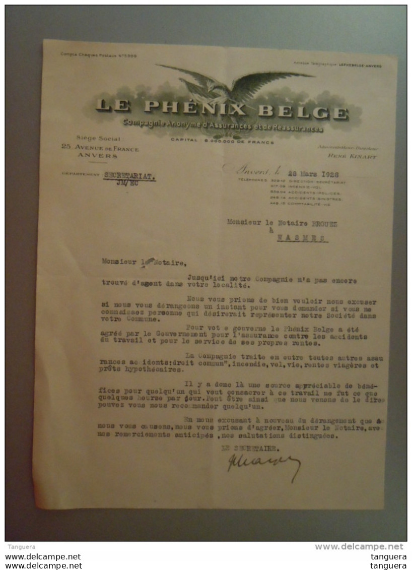 1928 Le Phénix Belge Compagnie D'assurances Anvers Lettre Envoyée Au Notaire à Wasmes - Bank & Versicherung