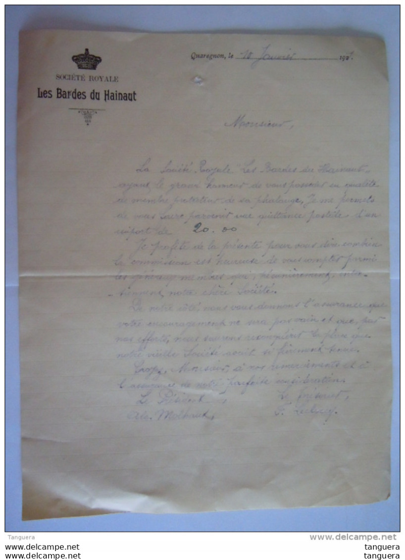 Belgique 1921 Société Royale Les Bardes Du Hainaut Quaregnon Lettre De Membre - Sonstige & Ohne Zuordnung