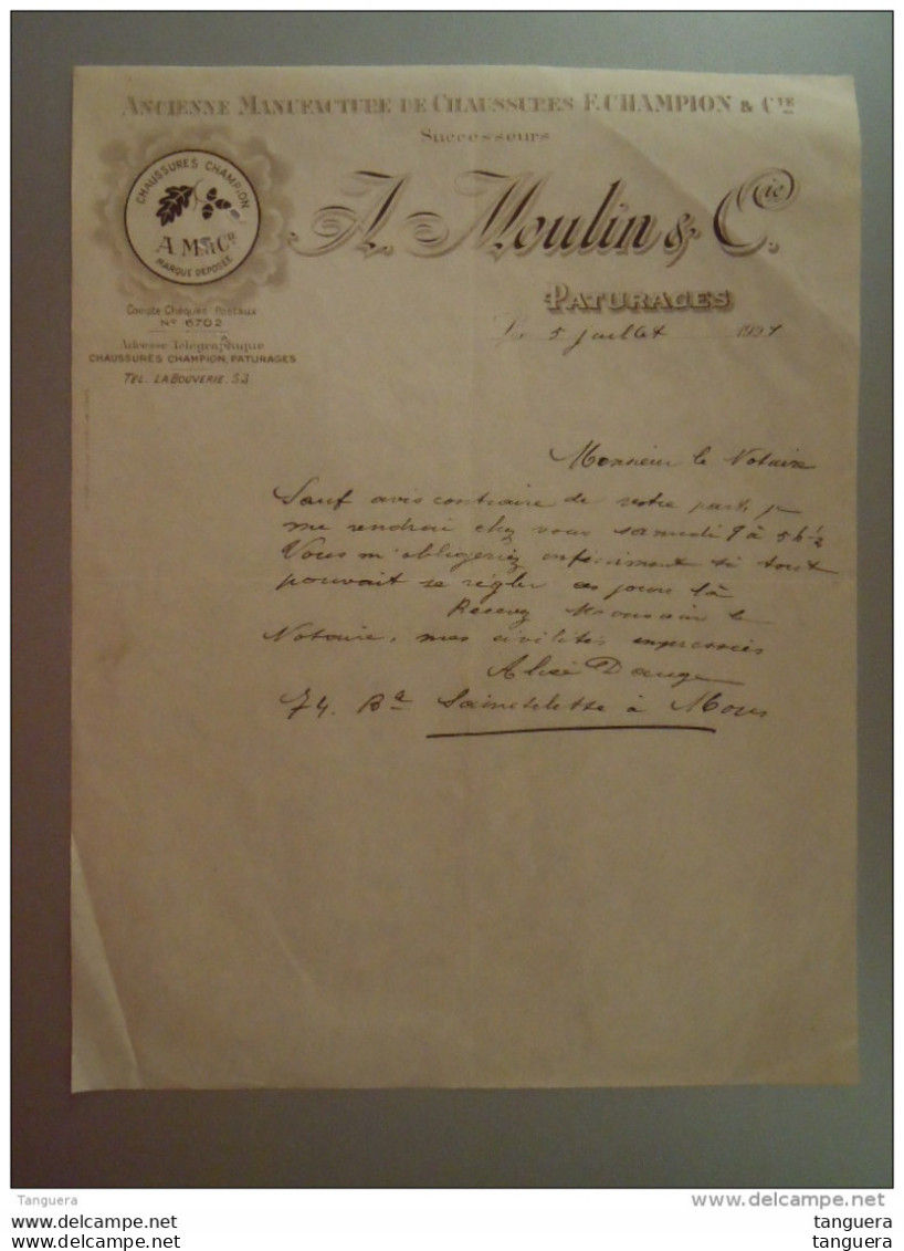 Belgique 1921 Manufacture De Chaussures Champion Le Moulin &amp; Cie Paturages Lettre Envoyée Au Notaire à Wasmes - Textile & Vestimentaire