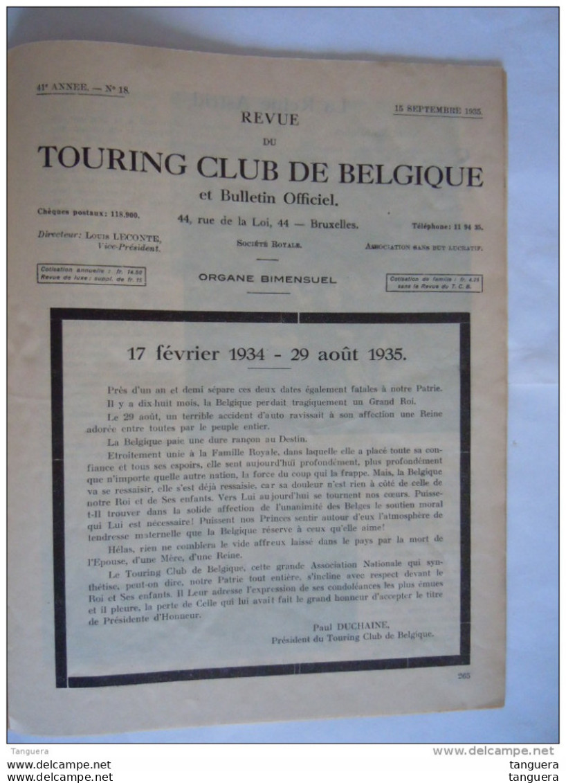 1935 Supplement à La Revue Du Touring Club De Belgique Avec Article De 12 Pages Sur Reine Astrid  Bulletin De 24 Pages - History