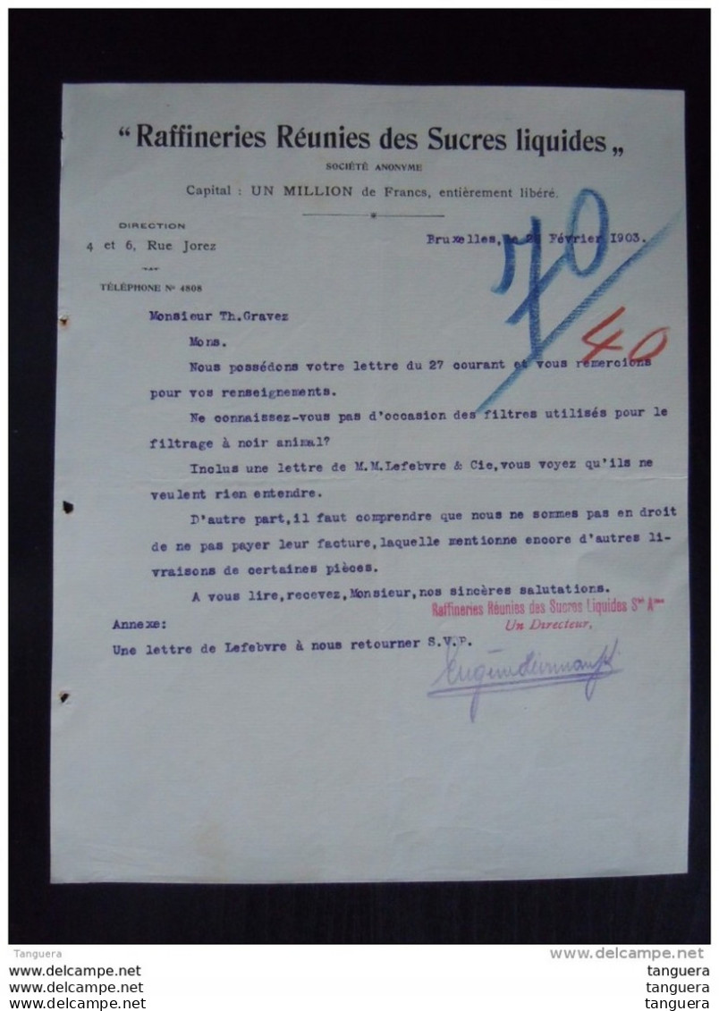 Bruxelles 1903 Raffineries Réunies Des Sucres Liquides Lettre - Alimentos