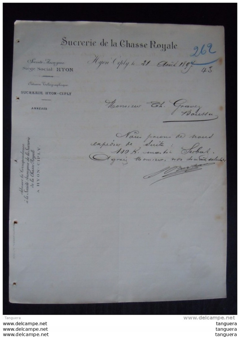 Hyon - Ciply 1897 Sucrerie De La Chasse Royale Lettre - Levensmiddelen
