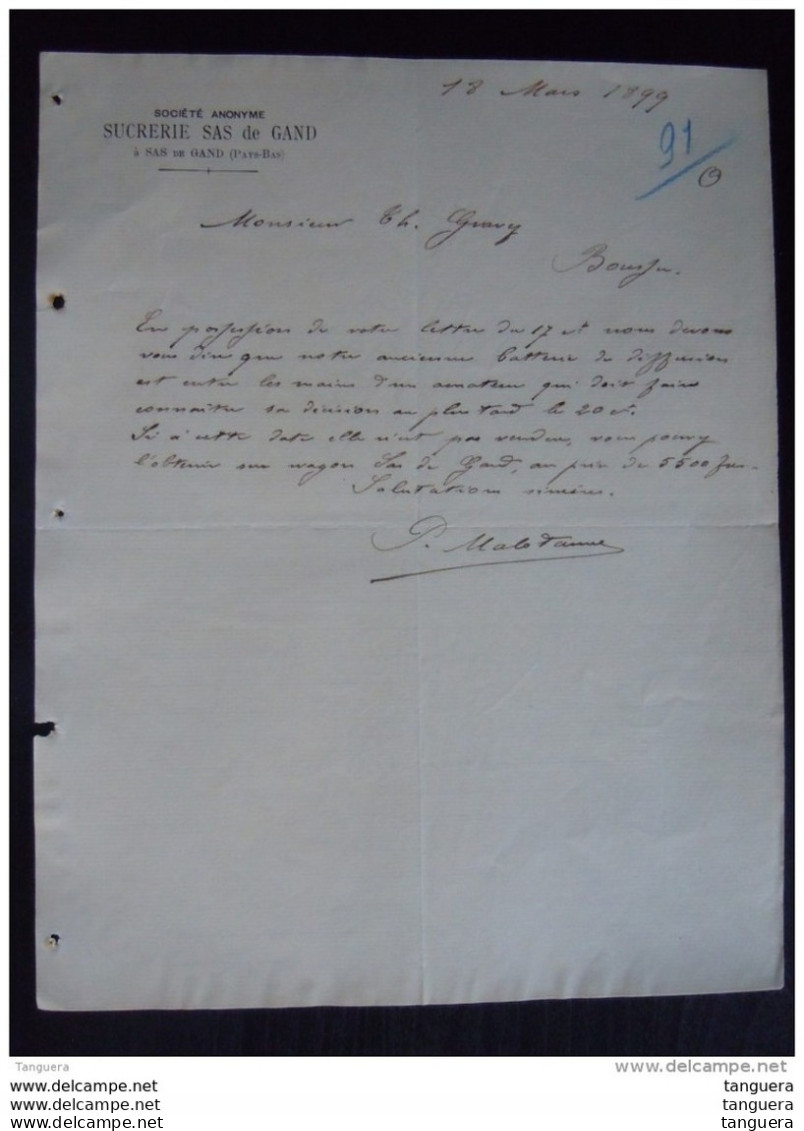 Sas De Gand 1899 Sucrerie Sas Van Gent Lettre Brief - Levensmiddelen
