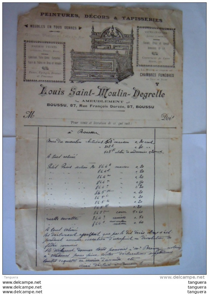 Belgique Boussu 1917 Louis Saint-Moulin-Degrelle Ameublement Déclaration D'héritage Abimée - Artigianato
