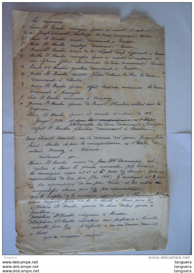 Belgique Boussu 1917 Louis Saint-Moulin-Degrelle Ameublement Déclaration D'héritage Abimée - Straßenhandel Und Kleingewerbe