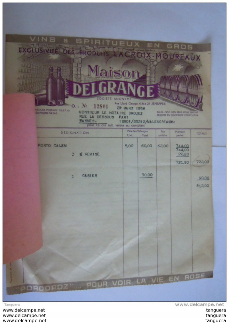 Jemappes 1958 Maison Delgrange Vins &amp; Spiriteux En Gros Facture - Food