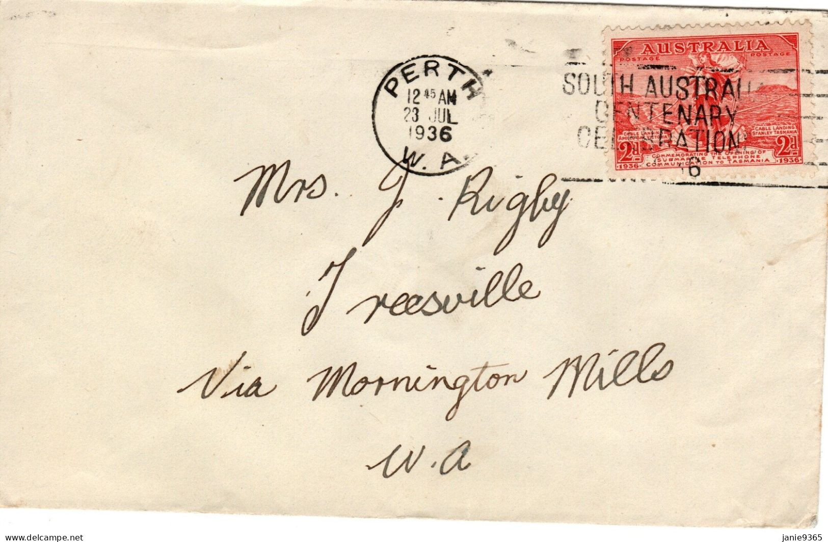 Australia 1936 Mail From Perth To Treesville,South Australia Centenary Postmark - Brieven En Documenten