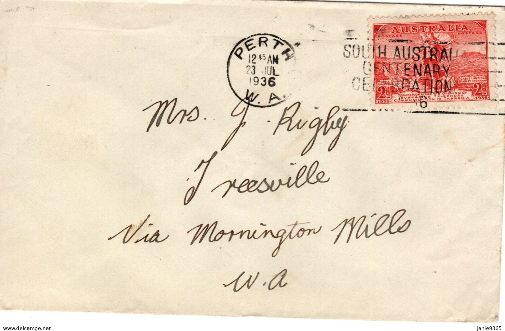 Australia 1936 Mail From Perth To Treesville,South Australia Centenary Postmark - Storia Postale