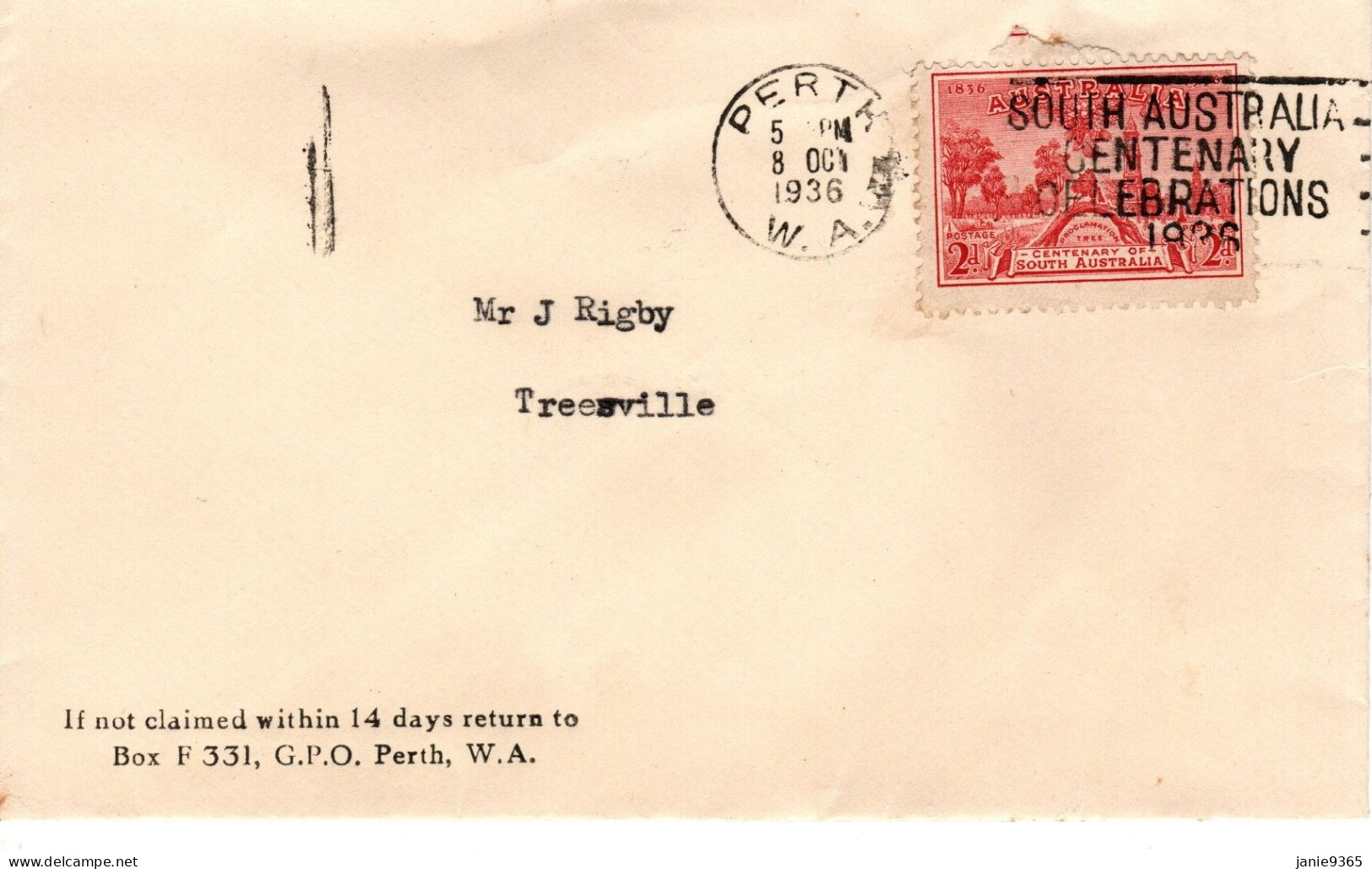Australia 1936 Mail From Perth To Treesville,South Australia Centenary Postmark - Brieven En Documenten