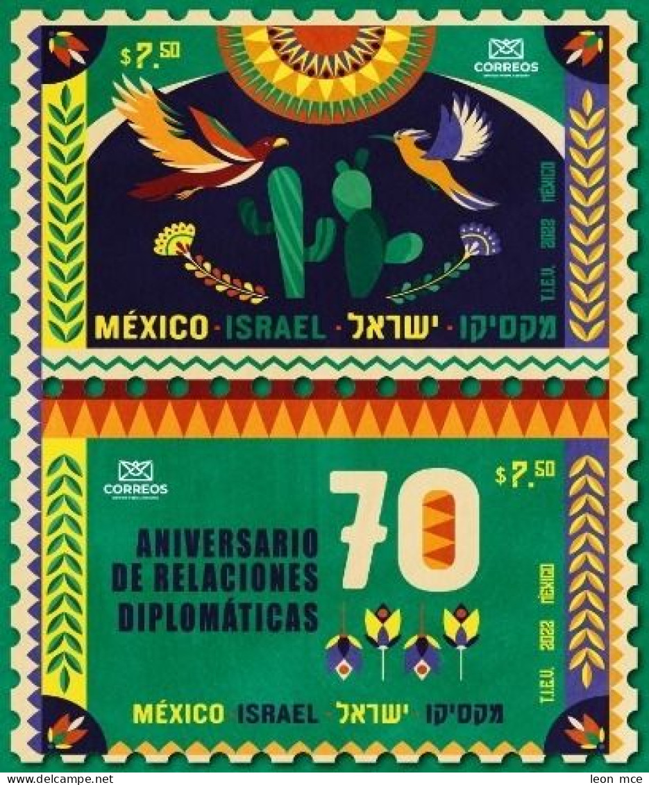 2022 MÉXICO 70 Aniv.  Relaciones Diplomáticas México-Israel, MNH Diplomatic Relations Mexico-Israel JOINT ISSUE, Cactii - Mexique