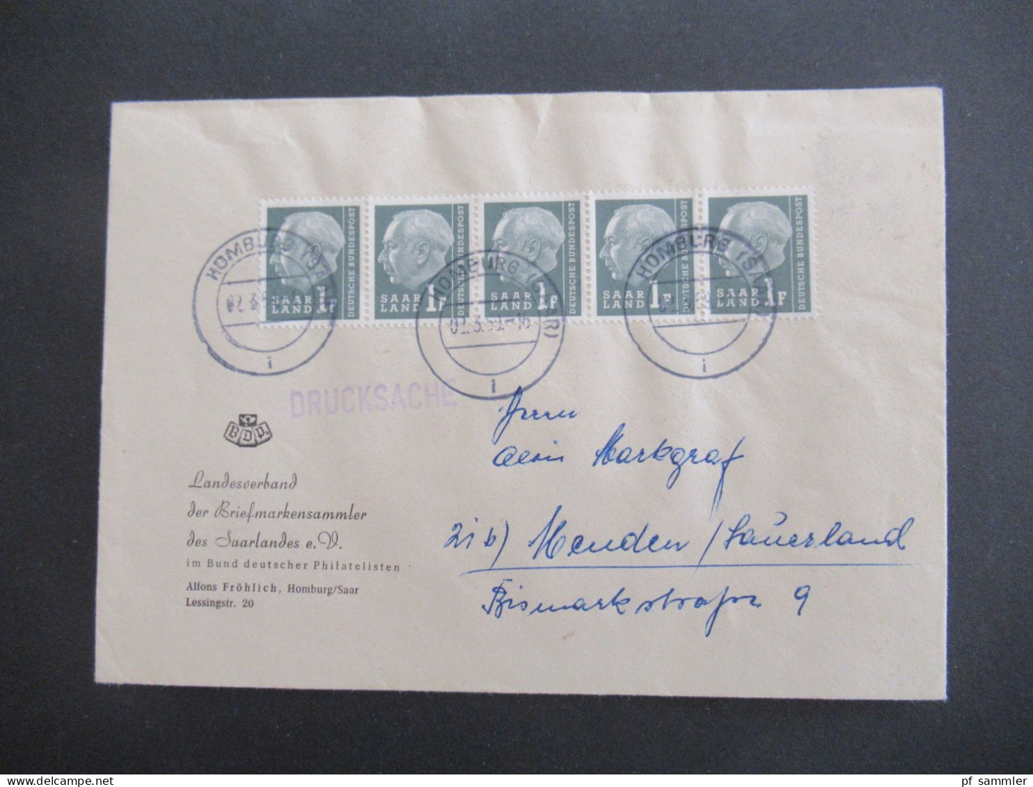 Saarland 1957 Heuss II Mi.Nr.509 (5) MeF 5er Streifen!! Umschlag BDP Landesverband Der Briefmarkensammler Des Saarlandes - Brieven En Documenten