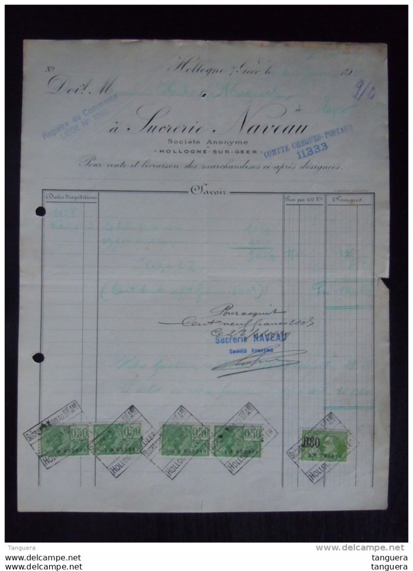 Hollogne-sur-Geer 1929 Sucrerie Naveau 2,80 Fiscale Zegels Timbres Fiscaux Sur Facture - Documentos