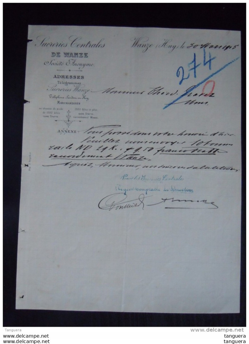 Wanze (Huy) 1905 Sucreries Centrales De Wanze Lettre - Alimentos