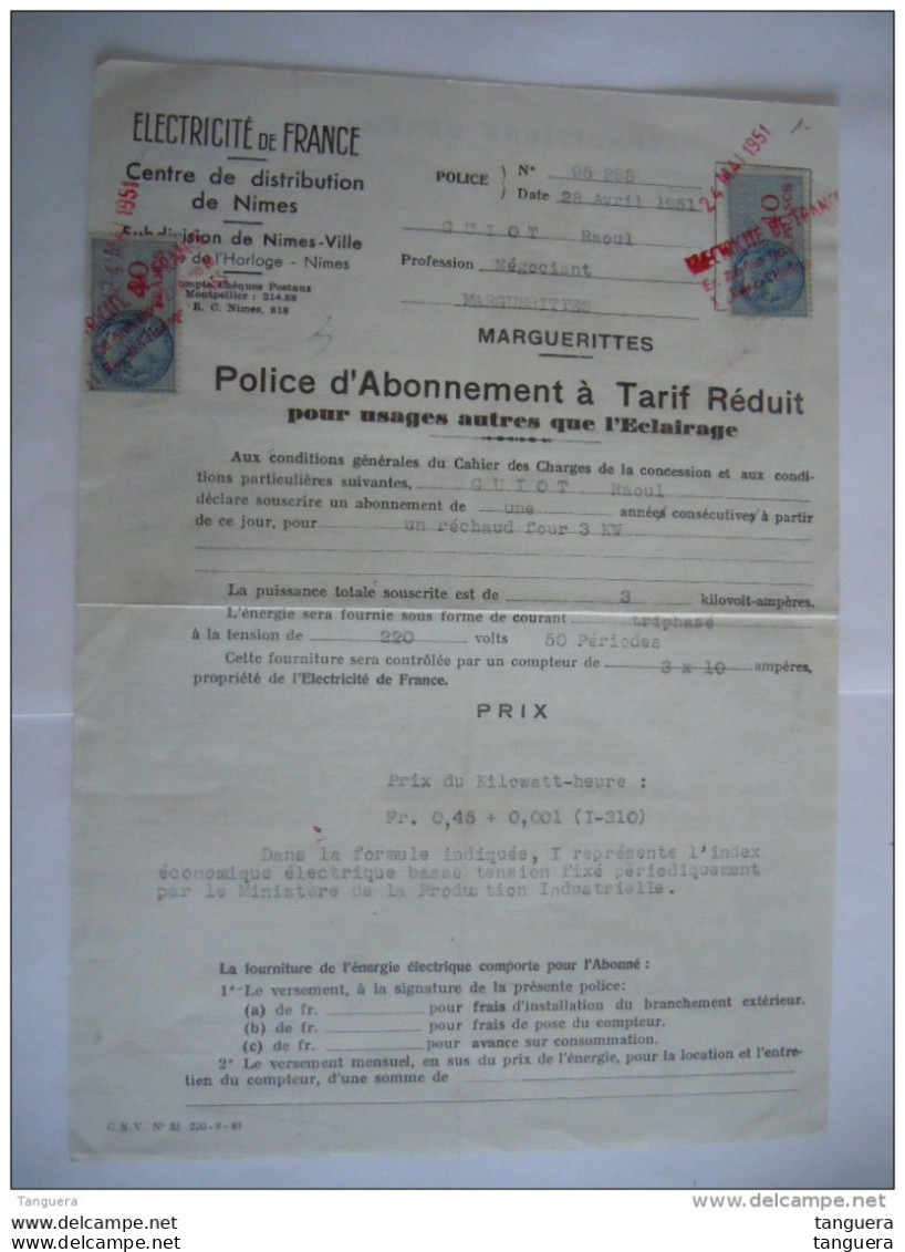 1951 Nimes  Electricité De France Police D'Abonnement à Tarif Réduit Timbre Fiscal - Elektrizität & Gas