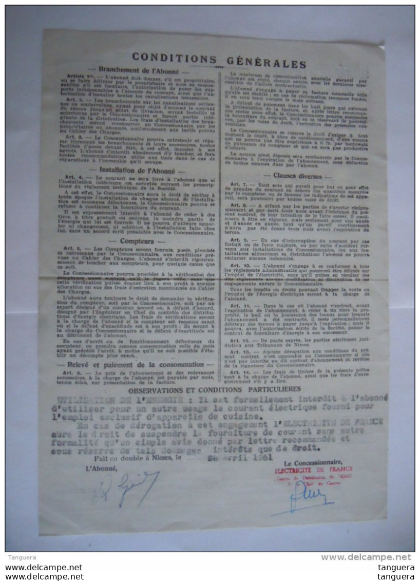 1951 Nimes  Electricité De France Police D'Abonnement à Tarif Réduit Timbre Fiscal - Elektriciteit En Gas