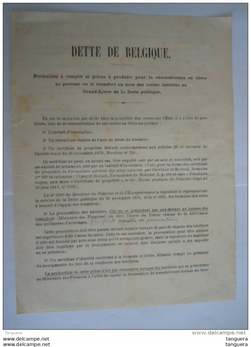 Dette De Belgique Feuille Formalités à Remplir Pour La Reconstitution En Titre S Au Porteur Ou Le Transfert En Nom - Banco & Caja De Ahorros