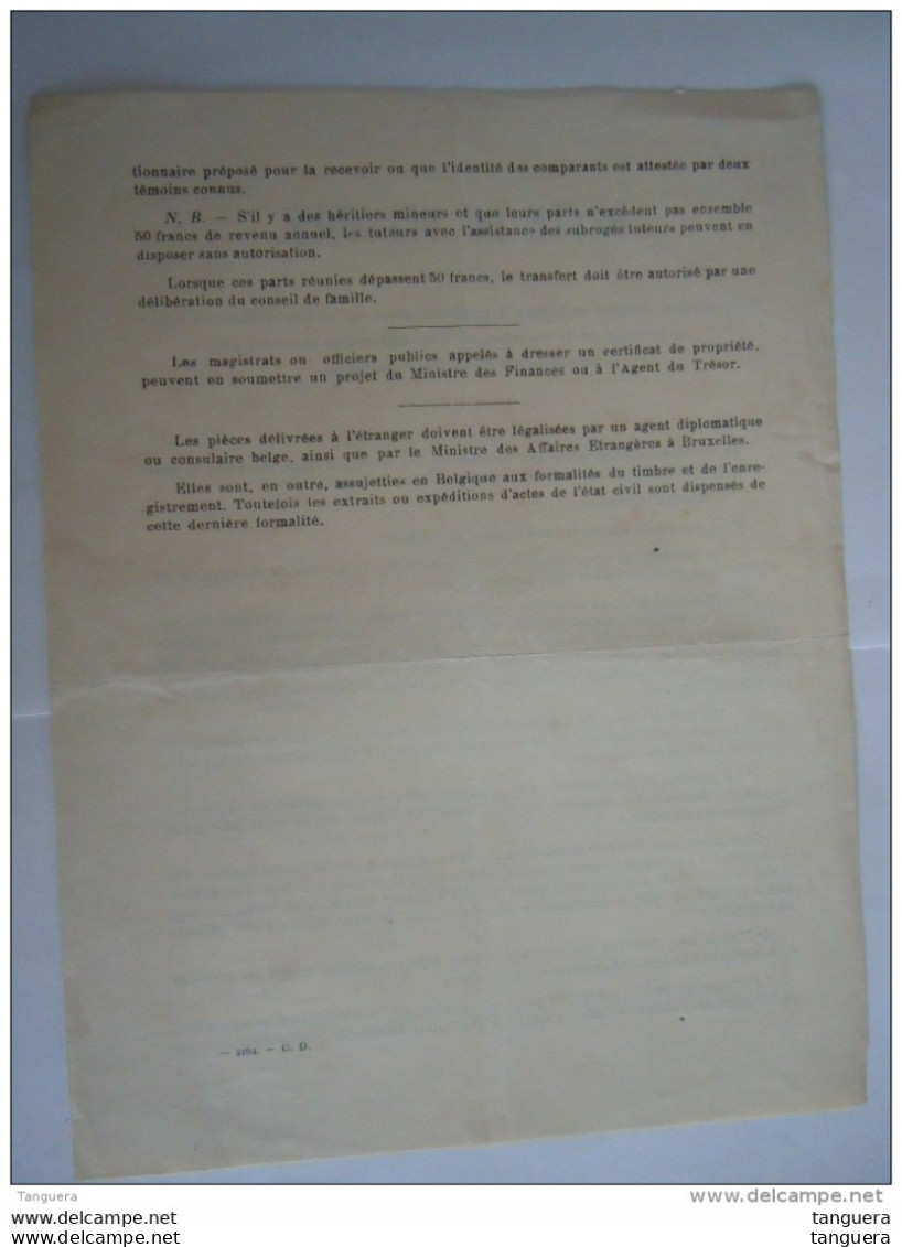 Dette De Belgique Feuille Formalités à Remplir Pour La Reconstitution En Titre S Au Porteur Ou Le Transfert En Nom - Banco & Caja De Ahorros