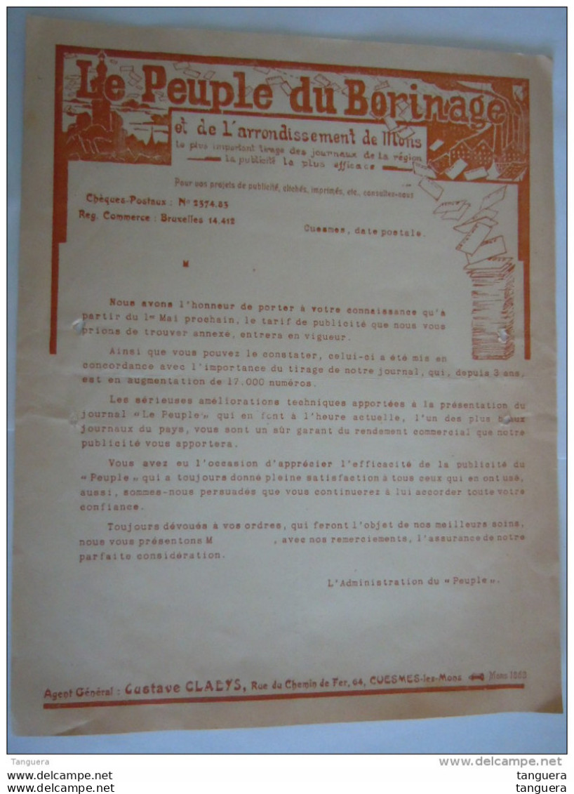 Cuesmes Le Peuple Du Borinage Lettre Nouveau Tarif De Publicité - Printing & Stationeries