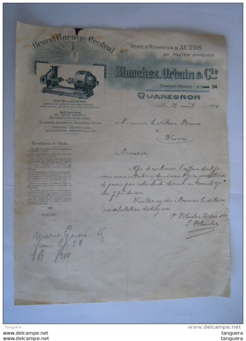 Quaregnon 1921 Blanchez, Urbain &amp; Cie Grand Garage Central Vente Et Réparation D'autos Lettre - Automobile